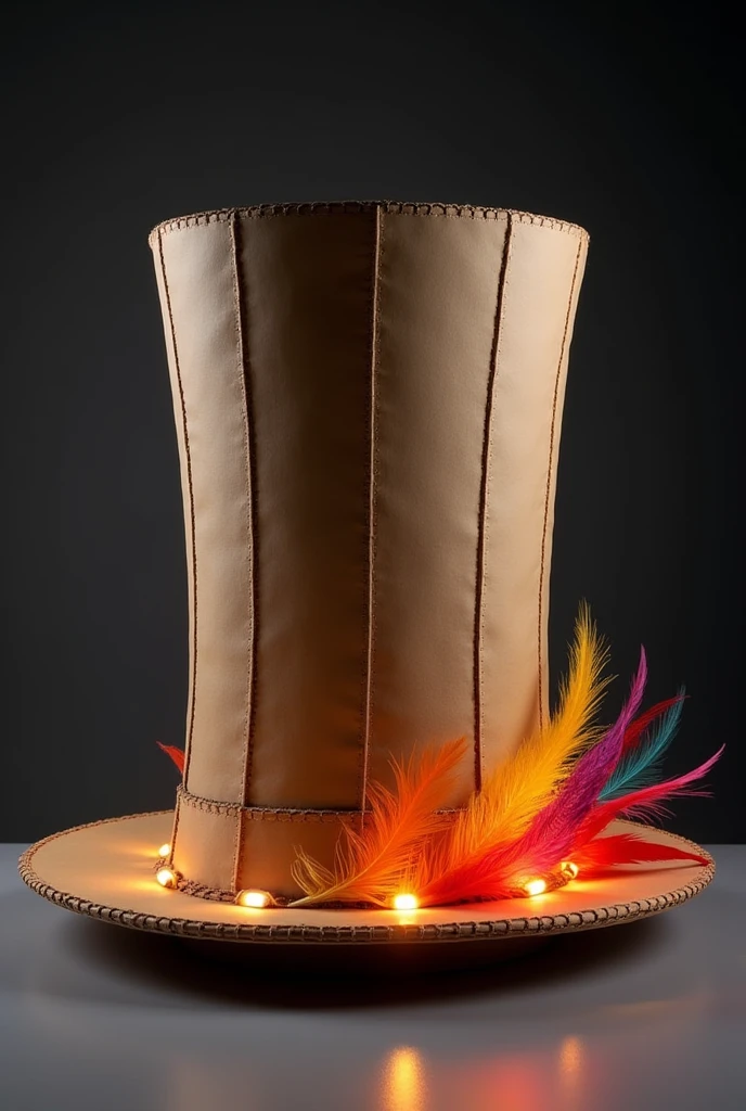 form: It is a tall and classic top hat, with an elegant and elongated design.Material: It is built mainly of cardboard, Carefully molded and reinforced to maintain its rigid and structured shape. The cardboard has a matte finish, which highlights the natural texture of the material.luces LED: LED lights are embedded in the brim edge and vertical seams of the hat.. The lights are programmable, allowing them to change color and create dynamic visual patterns around the hat.Artificial feathers: At the base of the cup, The hat is adorned with a set of artificial feathers that surround the circumference. The feathers are vibrantly colored, contrasting with the natural tone of the cardboard. Some of the feathers also have small LED lights at the base., which adds an extra touch of shine.
