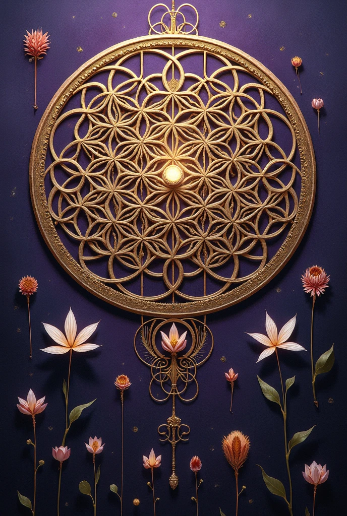 I want a drawing of a mandala style flower of life background in purple and create the life span, create it 100% realistic% and good. Detailed make it Renaissance art style 