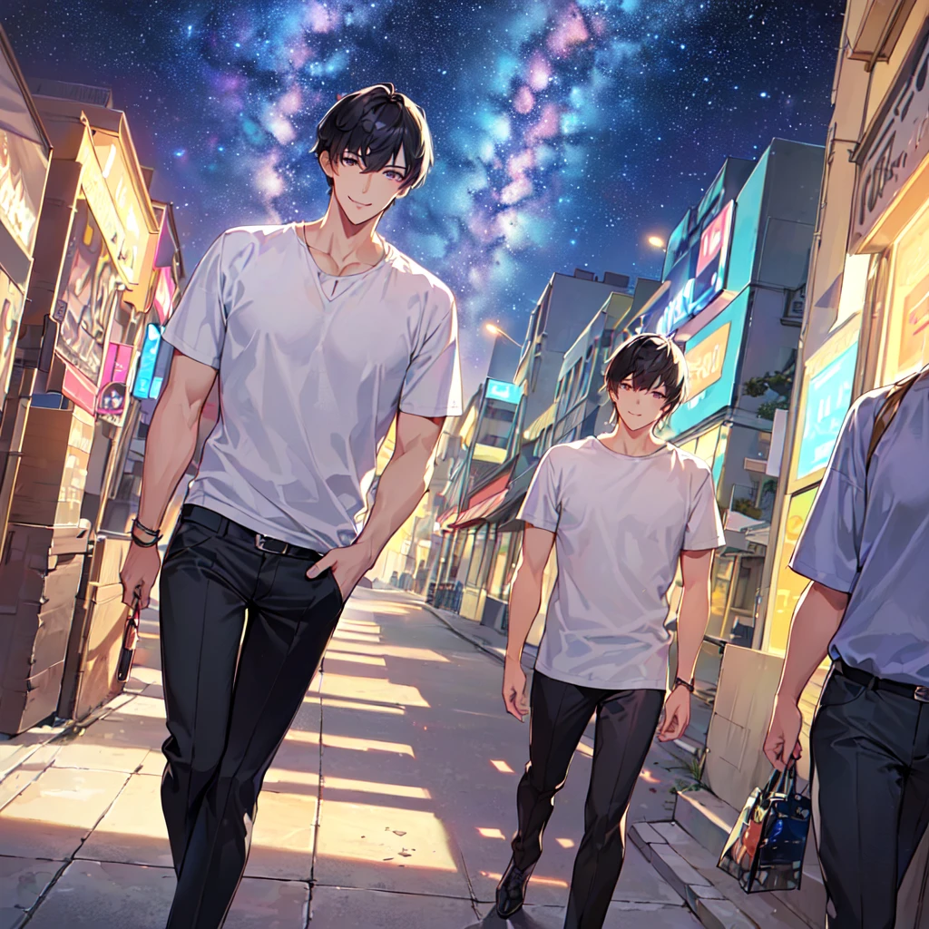 masterpiece,best quality,high quality,(1 male austere handsome solo adult age 30 years old:1.5), purple eyes, cool with suspended eyes, V-shaped eyebrows, body strong and fearless 8.5 head tall, height 185cm, (well-groomed black short hair down to neck:1.4), (bangs 7 thirds parted:1.4), slender nose, facial muscles, throat, (short sleeves and pants in summer fashion:1.3), (walking:1.3), (stylish pose), (cool smile:1.3) , (looking at city from summer hill: 1.3), (Milky Way Night Sky:1.3)