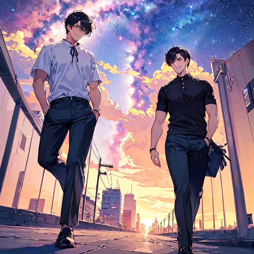masterpiece,best quality,high quality,(1 male austere handsome solo adult age 30 years old:1.5), purple eyes, cool with suspended eyes, V-shaped eyebrows, body strong and fearless 8.5 head tall, height 185cm, (well-groomed black short hair down to neck:1.4), (bangs 7 thirds parted:1.4), slender nose, facial muscles, throat, (short sleeves and pants in summer fashion:1.3), (walking:1.3), (stylish pose), (cool smile:1.3) , (looking at city from summer hill: 1.3), (Milky Way Night Sky:1.3)