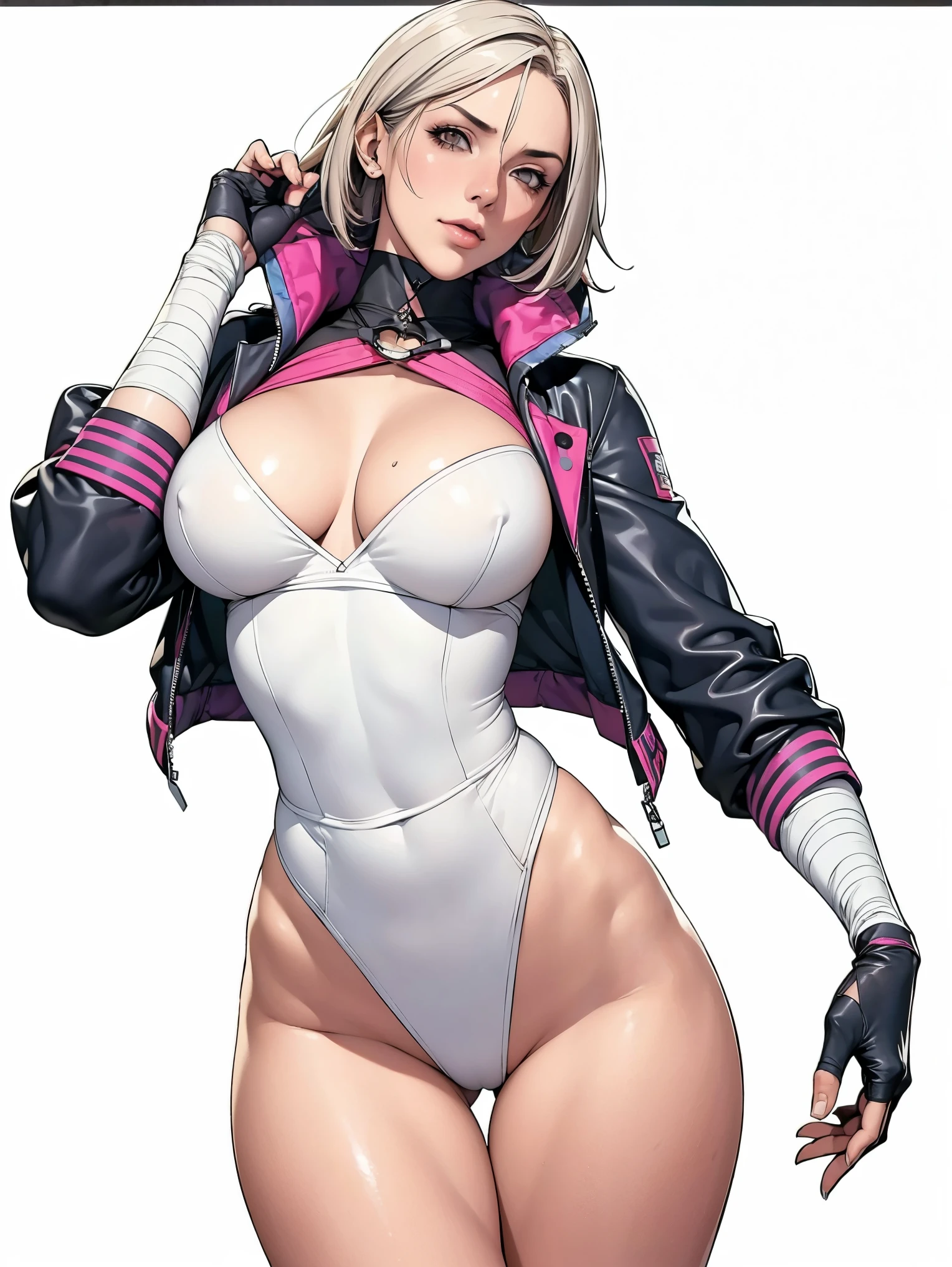 (((Annie Lennox))), (((colorful suit))), (scars), (((bandaged arms))), (((colorful clothes))) (( hood)), (((best quality: 1.4))), (Unbeatable masterpiece), (hyper HD),(CG 8k hyper-realistic), beautiful face, (((breasts big))), (((hyper feminine))), sexly girl, ((round face)), black tattoo,(ultra short red hair with white highlights)), ((( sculptural body ))), (((1 Kizi))), Kizi tatuada de 25 anos com perfect body,,Beautiful and well-groomed face, (round face), muscular body:1.2,solid color detailed jacket, (Head to thigh photos), Complex equipment, ,Tight clothes,With white stars and off-white stripes,,,,,Armor Metal Electronic Parts, Poison tattoos ) INFO, Kizi, (((standing alone))), , 24歳, sexy, pose de attitude, work of art, dancing, ((slight smile)), post-apocalypse, (((manga style))), bounty hunter, the way you want, perfect body, roupa moderna, advanced technology, white, yellow accent, black, red accent, fur collar jacket, sleeves with vertical striped pattern, background city, (( cowboy shot )). intricate visual, narrow waist, (((wide hips))), wide hips, fit thighs, (((thigh gap))), Thigh gap, background shows a futuristic airplane, open expression, expression happy