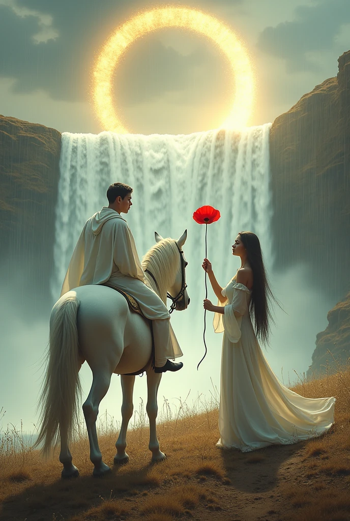 Generate a cinematic image of a young man in white wool sitting on a white horse standing with his back in front of a Nile waterfall, a gold ring in the sky, a woman wearing a white dress holding a poppy upside down, and the sky being half sunny and half rainy.