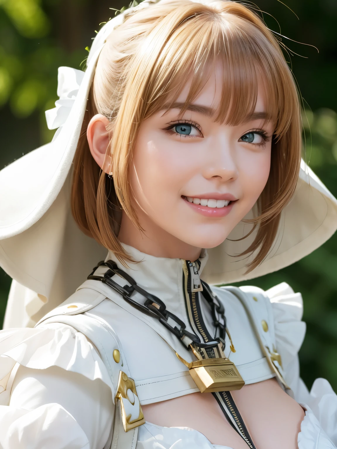 (beautiful japanese girl), (Smile:1.6), break, 
(Shot with Canon EOS 5D Mark 4 and Canon EF Lens 85mm F1.2L lens, F value 1.2, ISO 50, shutter speed ), break,
(close up:1.5), (look at camera :1.3), (dynamic pose:1.3), break,
beautiful and fine eyes, perfection, perfection, roll your eyes, detailed face, fine eyes, excellent quality, masterpiece, very detailed, Advanced level of detail, many details, high quality, cinematic light, real hands, (super realistic:1.3), perfect eyes, detailed skin, skin blemish, lip gloss, break, 
aanero, ahoge, veil, green eyes, Busty Breasts, chain, padlock, (white bodysuit:1.2), zipper, white gloves, belt, frills, white dress