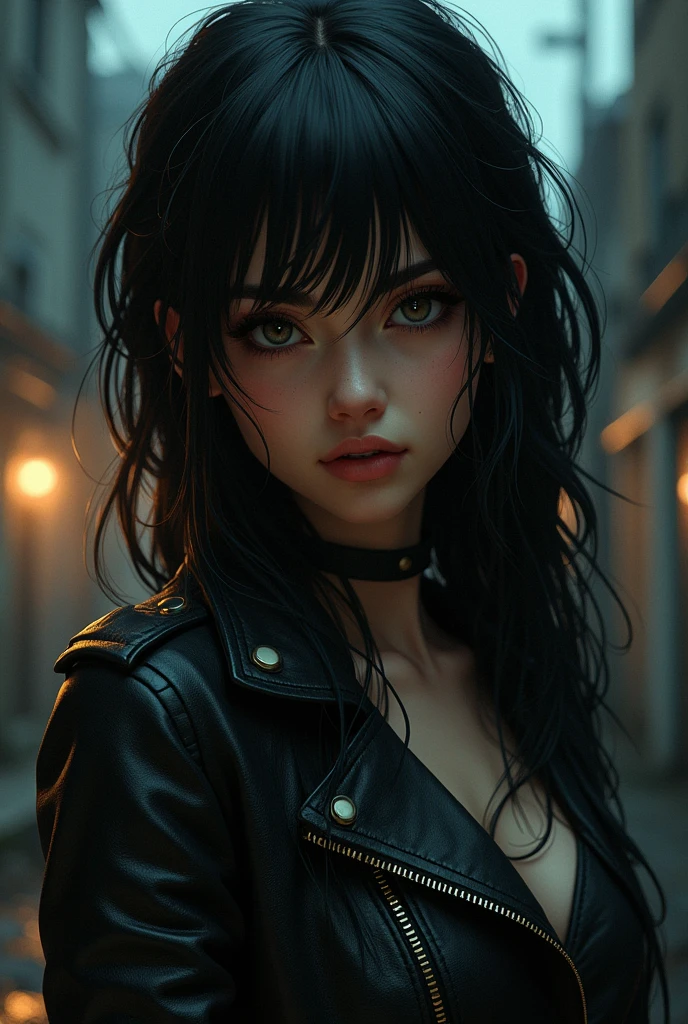 Biker girl with pretty face black hair and cold eyes