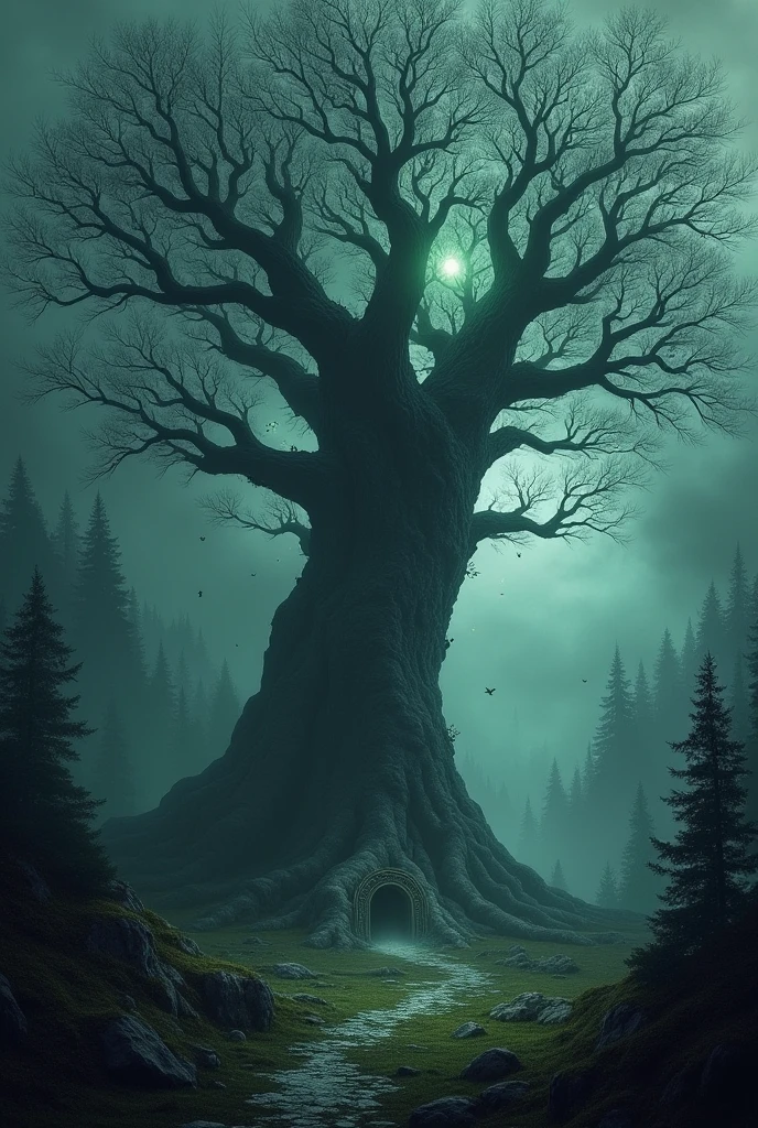 Create a dark fantasy landscape featuring an ancient, towering tree with twisted, gnarled roots spreading across the ground. The tree should have a haunting, ethereal glow emanating from its core, with faint, ghostly wisps floating around it. The surrounding environment should be shrouded in mist and shadows, with dense, foreboding forests in the background. The atmosphere should feel mysterious and ominous, capturing the essence of a mystical, otherworldly realm, similar to the dark and eerie settings found in Elden Ring and Tervor.