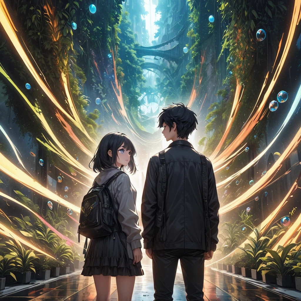 Highest quality, 4k wallpaper, 8k, ultra-high resolution, masterpiece, highly detailed CG, highly detailed eyes, ultra-detailed, complex details, public, 1:1, one 19-20 year old woman (long black hair, slim) and one 19-20 year old man, a lonely woman and man standing back to back in the center, a shy and lonely woman looking up as they stand back to back, neon pop abstract art style, abstract plant art, public, highly detailed flow of bubbles, dynamic art, cinematic lighting