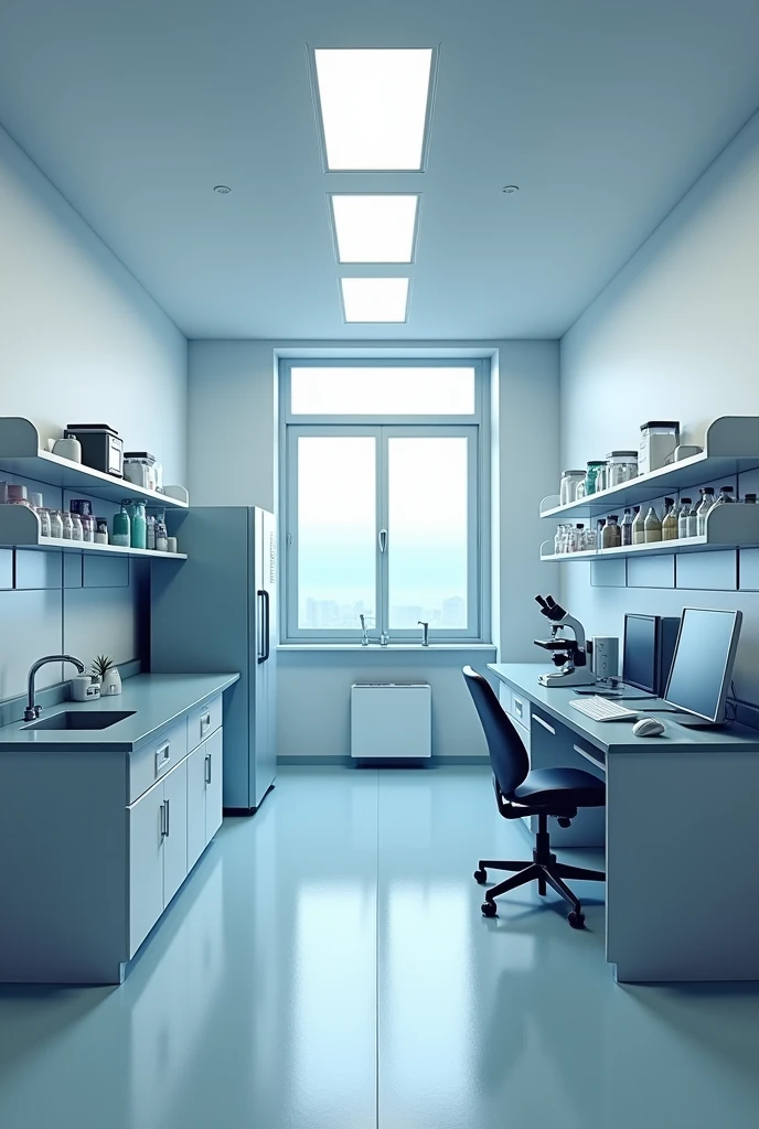 a room intended to be a bacteriology laboratory, should have: Safety cabin with cigarette lighter, 2 countertops, a washing area, an incubation oven, an electric autoclave, a microscope, shelves above and below, a refrigerator, a chair, A computer to this created design you must add a microbiological cabin on the counter where the chair is