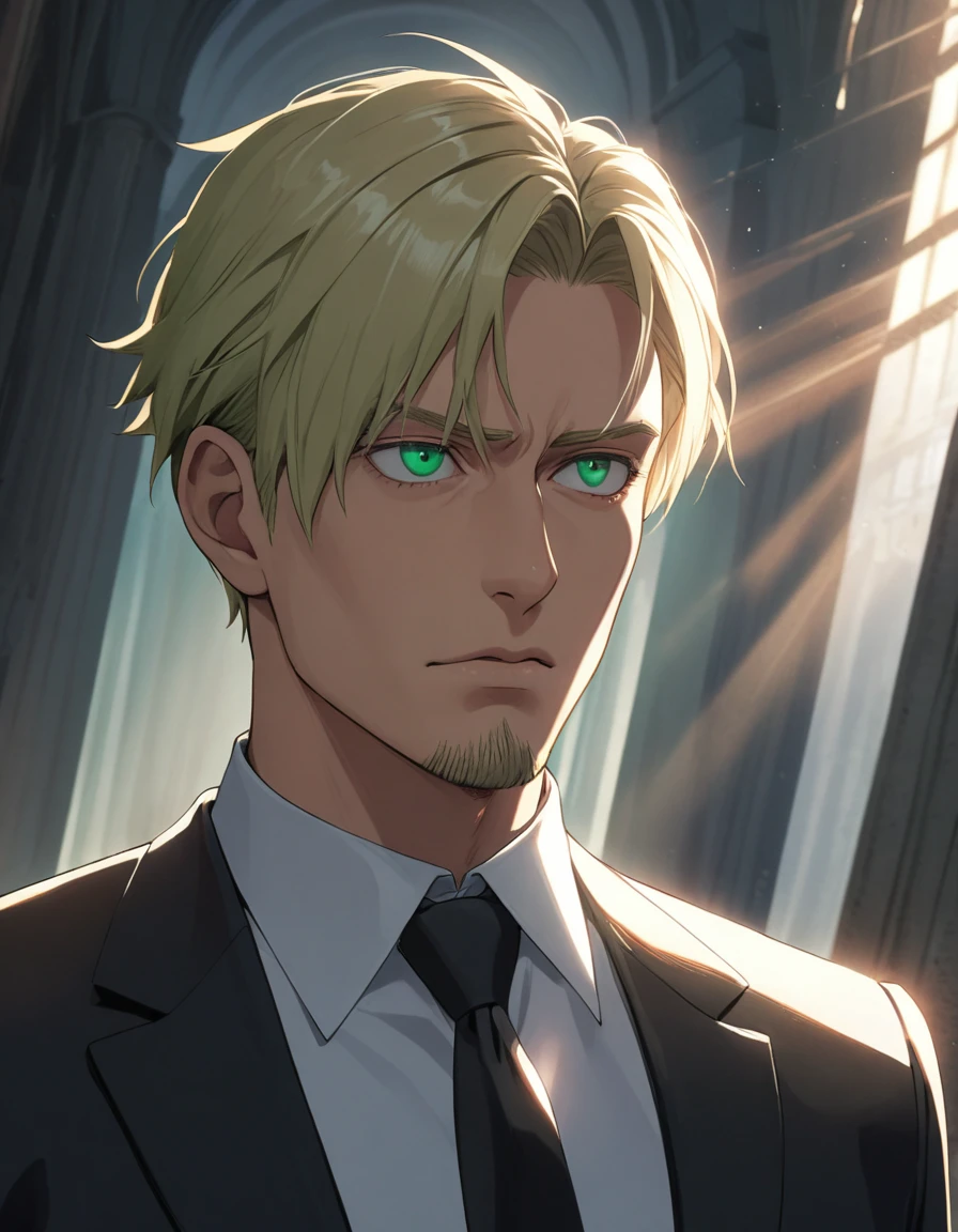 1man, man in black, vigorous mature, business hair with asymmetrical bangs, goatee, green platina blond hair, emerald eyes, BREAK 40yo, charming caucasian, slightly long chiseled face, deep set, angular jaw, facial wrinkles, crewcut, BREAK ideal ratio body proportions, middle weight muscular, beautiful detailed eyes, dark hero, best eyes, BREAK solo, funeral black suit, black necktie, white shirt, at wall street, detailed background, gloom, cool expression, natural standing, looking away, BREAK upperlegs, dramatic expression, in persona style, masculine comic art, 2010s, retro visual novel, in newest eroge style, dutch angle, cinematic shadows, cinematic lighting, lens flare, light leaks, texture, absurdres absolutely resolution, extreme all detailed, greatest painting, BREAK masterpiece, best quality