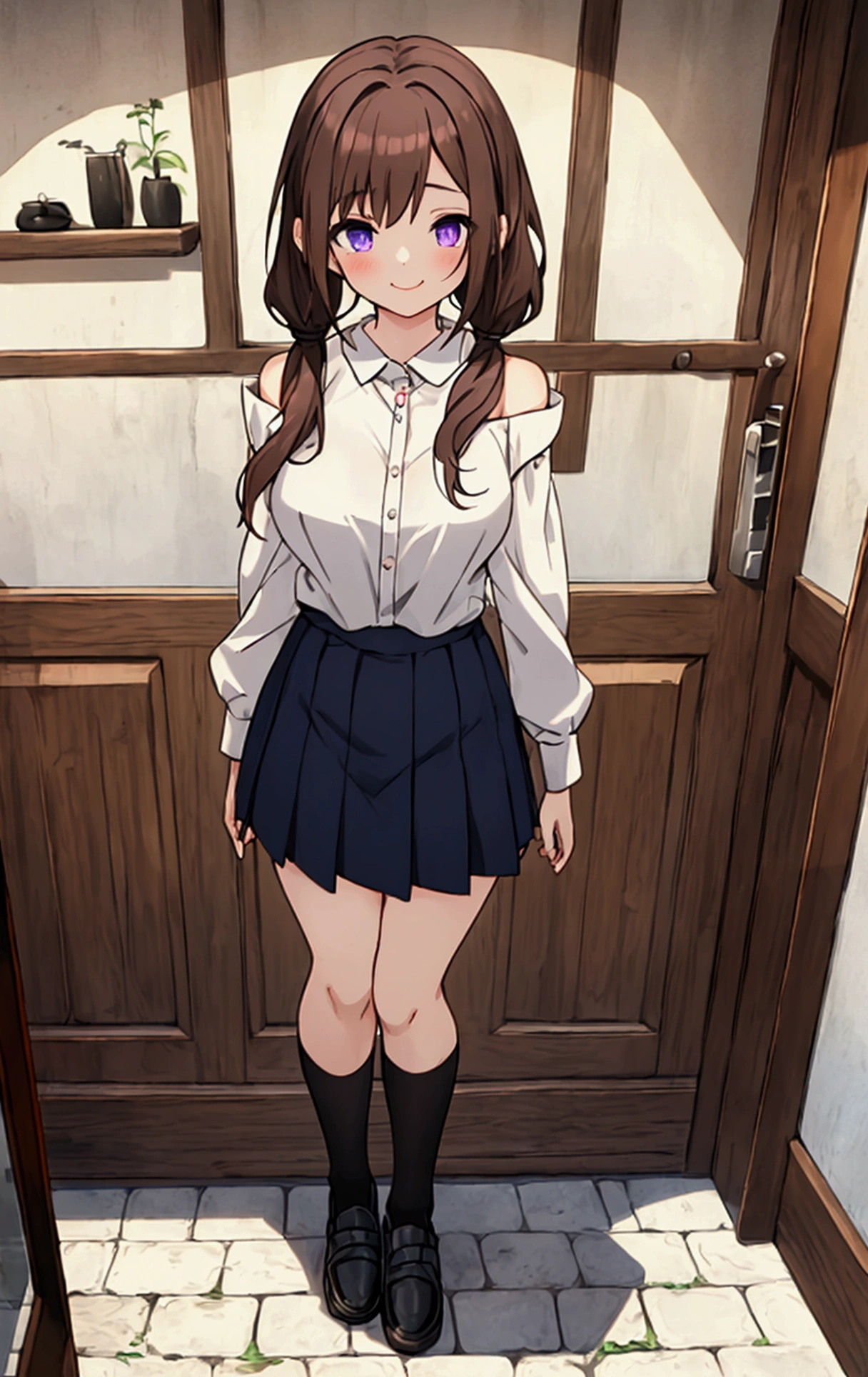 Full body image，anime，(masterpiece: 1.2, Highest quality), (Intricate details), 1. Female, alone, Standing，The ability to steal someone else&#39;s face, casual, Shoulder-length hair, Low twin tails，Brown Hair，Purple demon eyes，Minimal makeup, Natural materials, Other Faces, I&#39;m happy to get a cute face，satisfaction，smile, Home, A face stolen from someone else, Blue eyes, Large Breasts, Black knee socks，mini skirt，{{A woman who liked her face so much that she took the skin off her face and made it her own}}，Different hairstyle，different breast size, different clothes，Super detailed，Ultra-detailed，Official Art，Realistic Movement，masterpiece，front, NSFW