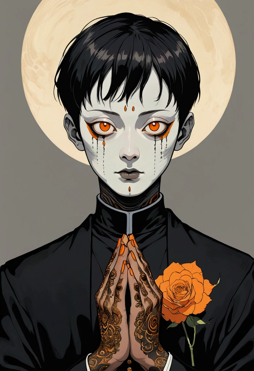 A priest with black gold skin, orange hands and short hair in the style of Junji Ito, with a minimal background