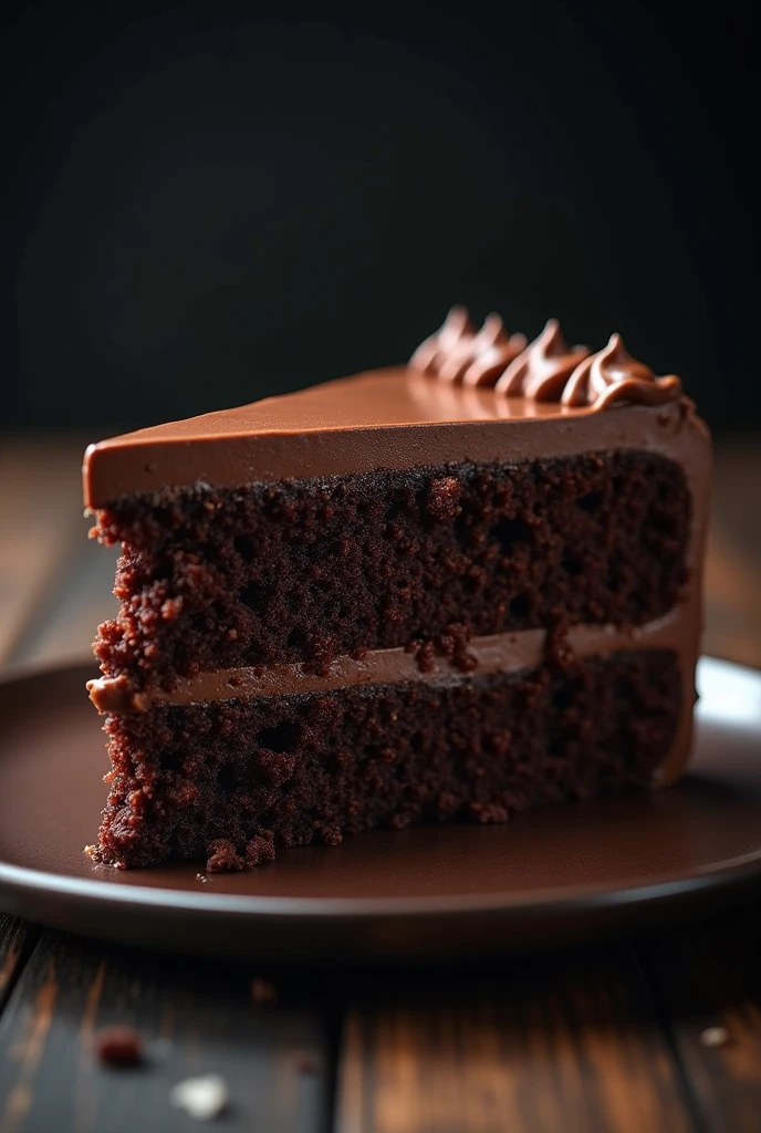 cinematic film still chocolate, chocolate cake, dark background, quality photo, moist texture, frosting, studio photo, slice . shallow depth of field, vignette, highly detailed, high budget, bokeh, cinemascope, moody, epic, gorgeous, film grain, grainy