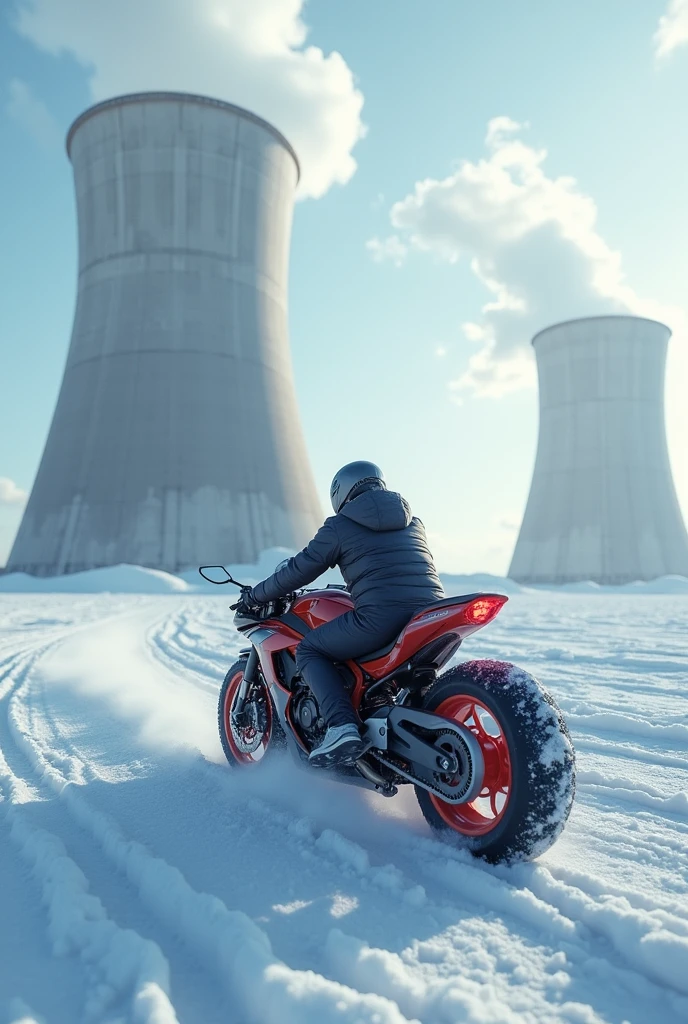 Futuristic motorcycle race in a snowy South Pole power plant