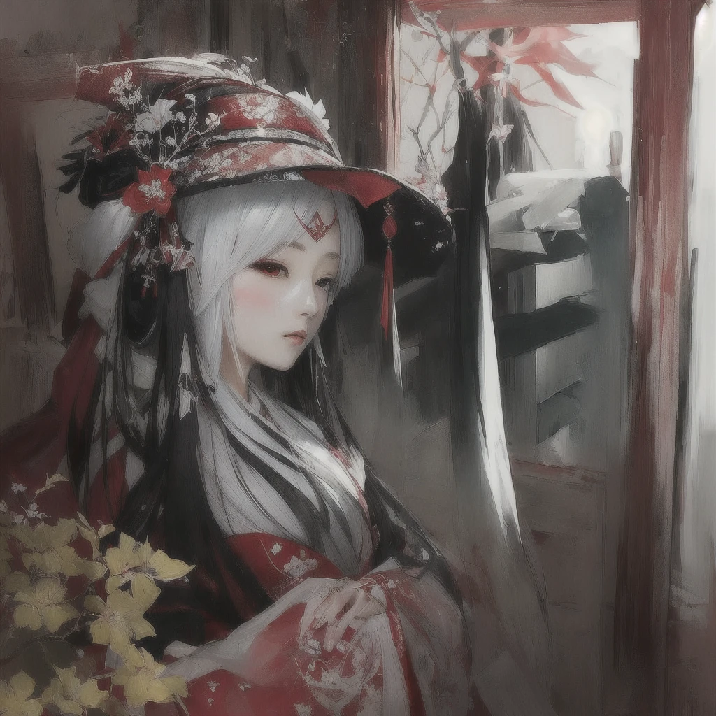 Anime girl in a red hat and a red and white dress, Zerochan Art, beautiful Anime Artwork, Onmyoji portrait, onmyoji, beautiful Anime Art, The Detailed Art of the Onmyoji, Anime Art, White-haired God, The sharp gaze of the Yuki-onna, by Shimo, Pixiv, Gwaiz, Gwaiz on Pixiv artstation