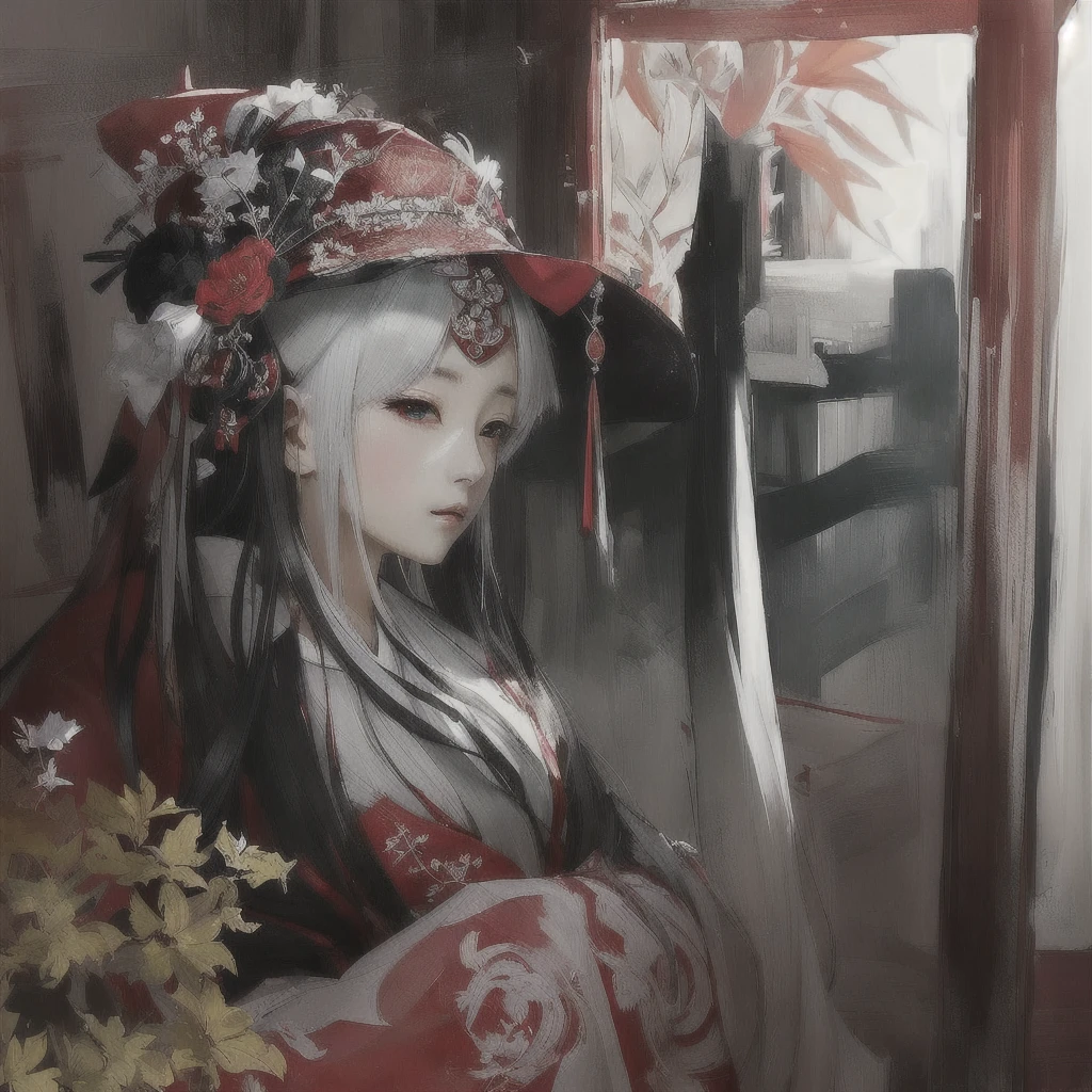 Anime girl in a red hat and a red and white dress, Zerochan Art, beautiful Anime Artwork, Onmyoji portrait, onmyoji, beautiful Anime Art, The Detailed Art of the Onmyoji, Anime Art, White-haired God, The sharp gaze of the Yuki-onna, by Shimo, Pixiv, Gwaiz, Gwaiz on Pixiv artstation