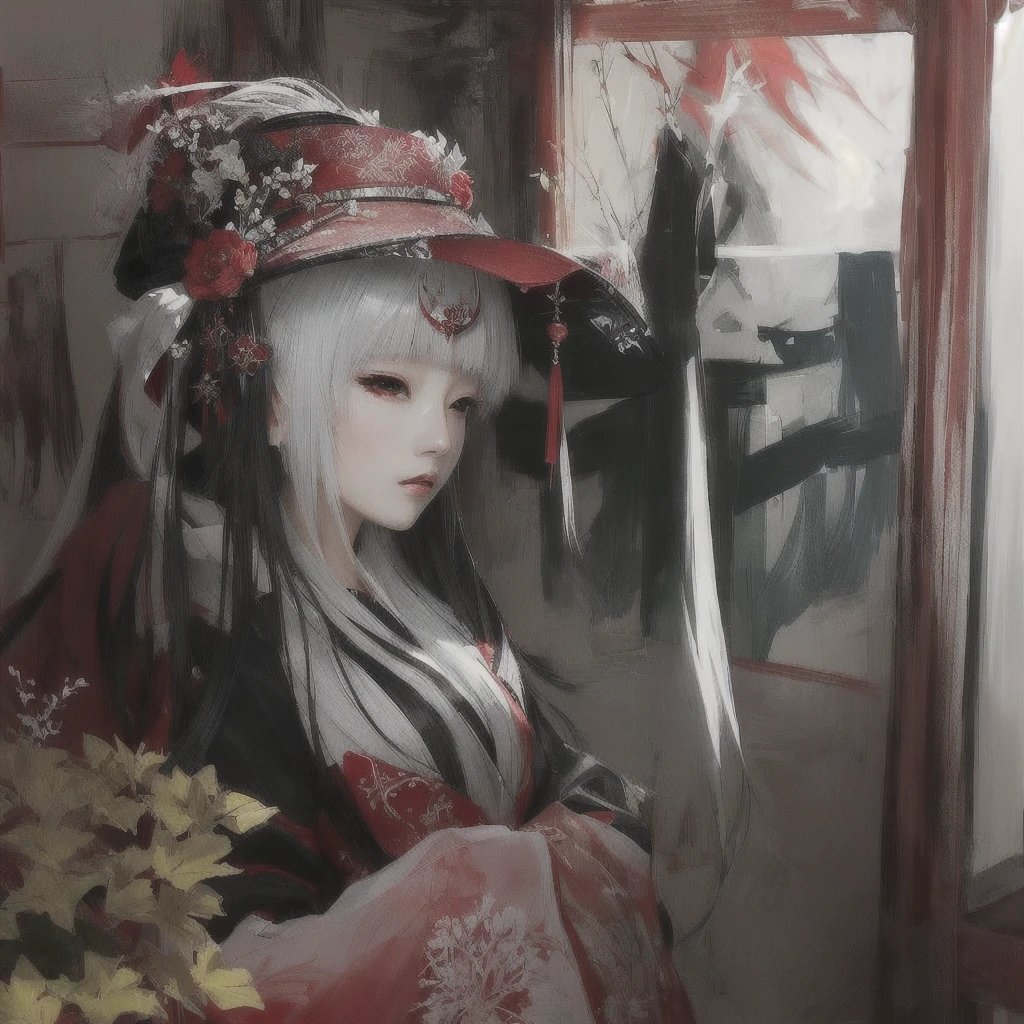 Anime girl in a red hat and a red and white dress, Zerochan Art, beautiful Anime Artwork, Onmyoji portrait, onmyoji, beautiful Anime Art, The Detailed Art of the Onmyoji, Anime Art, White-haired God, The sharp gaze of the Yuki-onna, by Shimo, Pixiv, Gwaiz, Gwaiz on Pixiv artstation