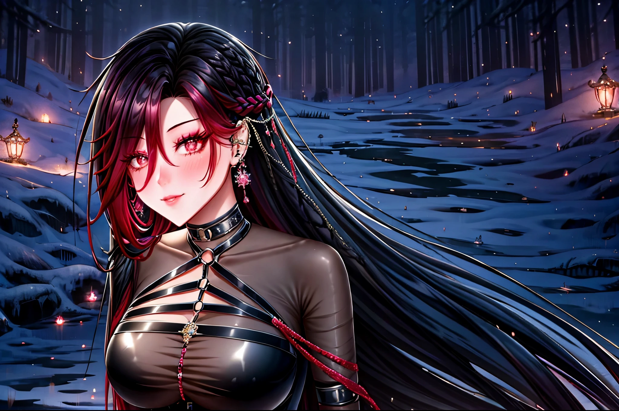 shoujo style, frosty style, (romantic manhwa), 1 girl, black cyclamen hair, solo, long braided hair, long braid, dress, red cyclamen eyes, mascara, makeup, elbow gloves, bra, jewelry, many ear piercings , viewer, collarbone, accessories, upper body, parted bangs, braided hair, side braid, black dress, bangs, outdoors, detailed eyes, dynamic cut, walking in a rose field at night, flowers, warm, summer environment, beach, evil smiles 