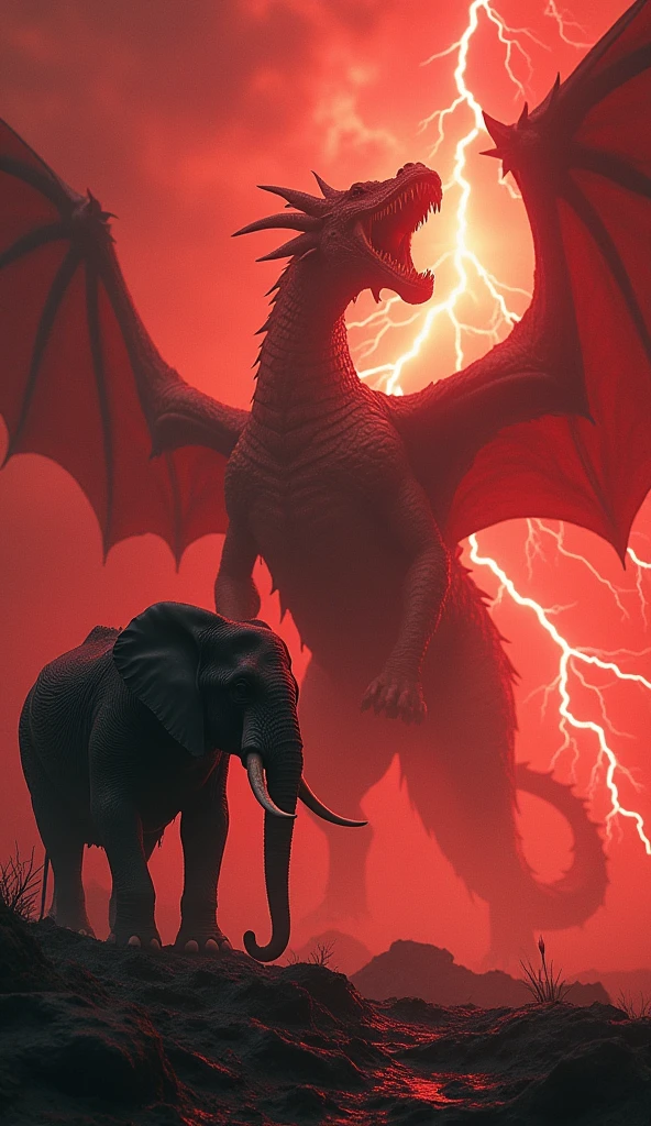 Elephant and dragon in one frame,background red sky with thunder 