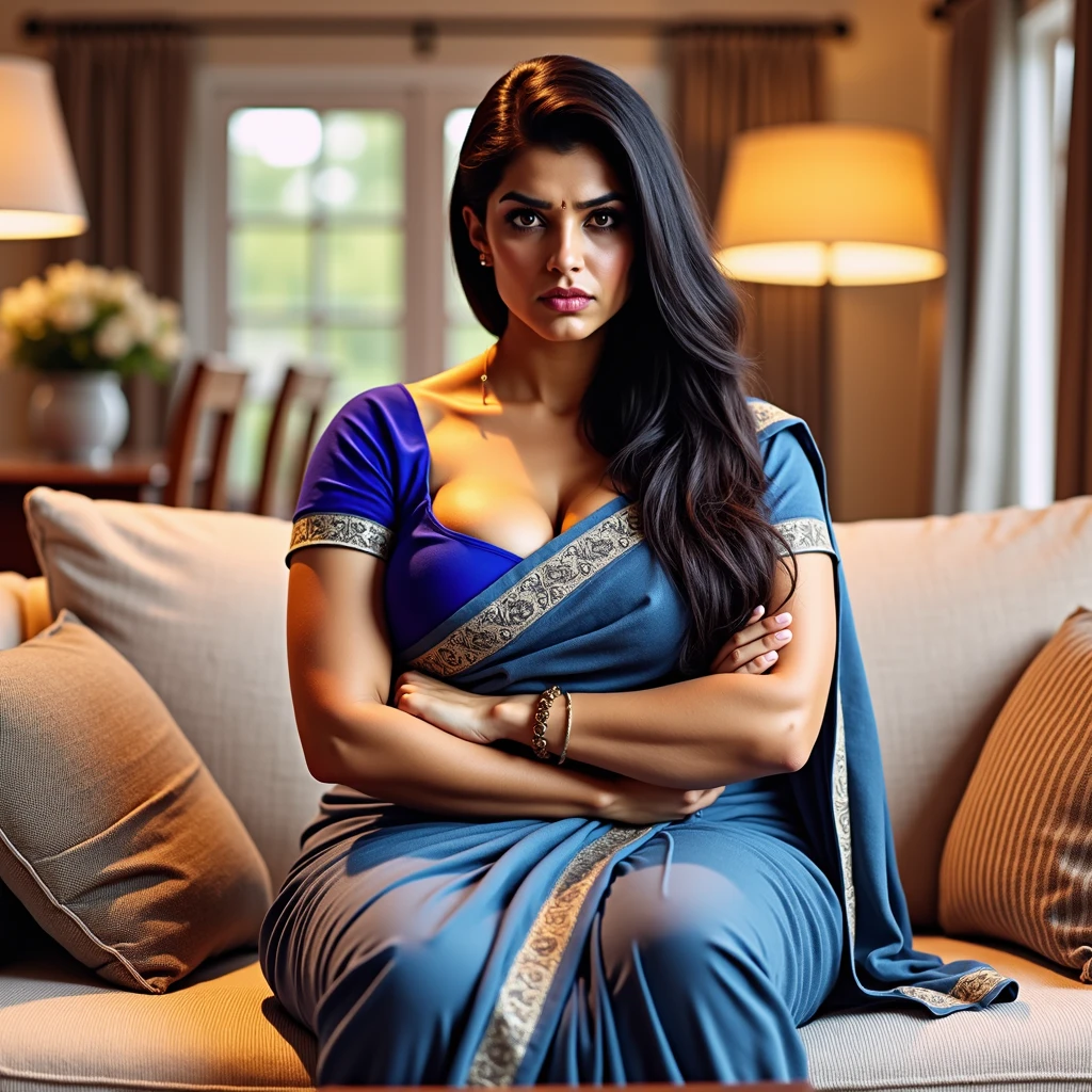 A realistic image of a 30-year-old Indian woman with a curvy body, sitting on a couch in a cozy living room. She is wearing a black saree with intricate patterns, and her long black hair is tied back. The woman has an angry expression, with her arms crossed and a stern look on her face. The setting includes soft lighting and warm colors, emphasizing her displeased mood as she sits upright on a cushioned couch.