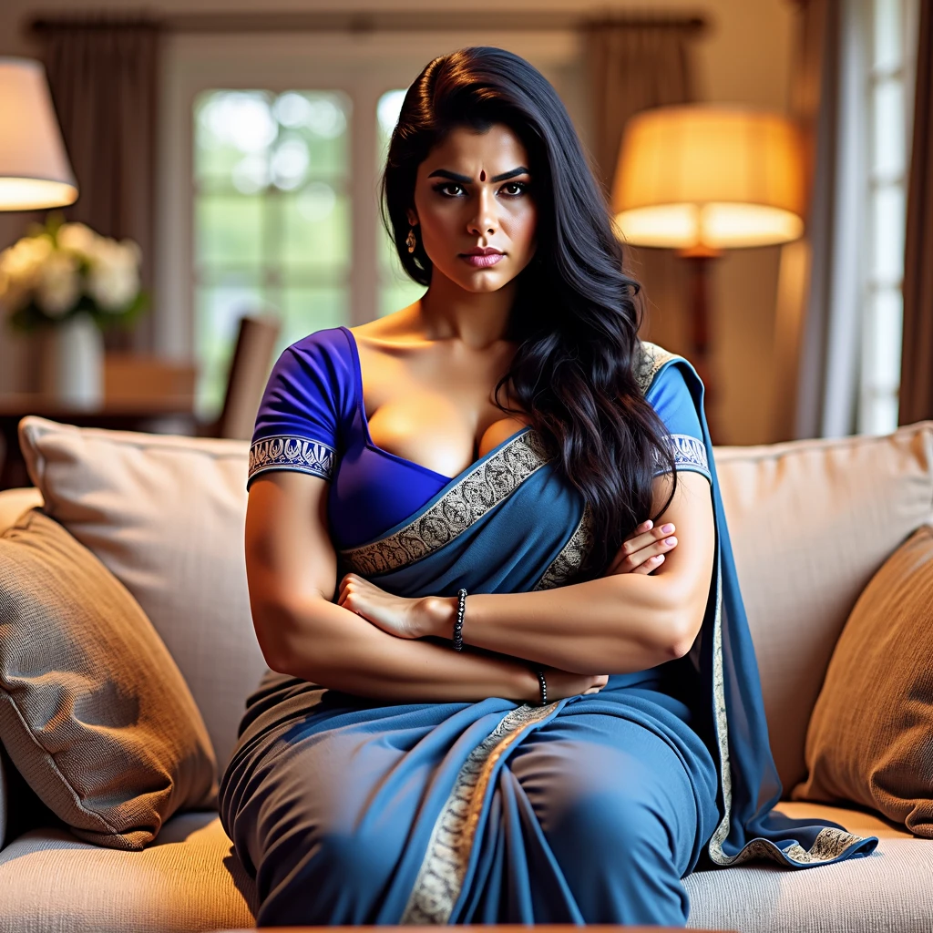 A realistic image of a 30-year-old Indian woman with a curvy body, sitting on a couch in a cozy living room. She is wearing a black saree with intricate patterns, and her long black hair is tied back. The woman has an angry expression, with her arms crossed and a stern look on her face. The setting includes soft lighting and warm colors, emphasizing her displeased mood as she sits upright on a cushioned couch.