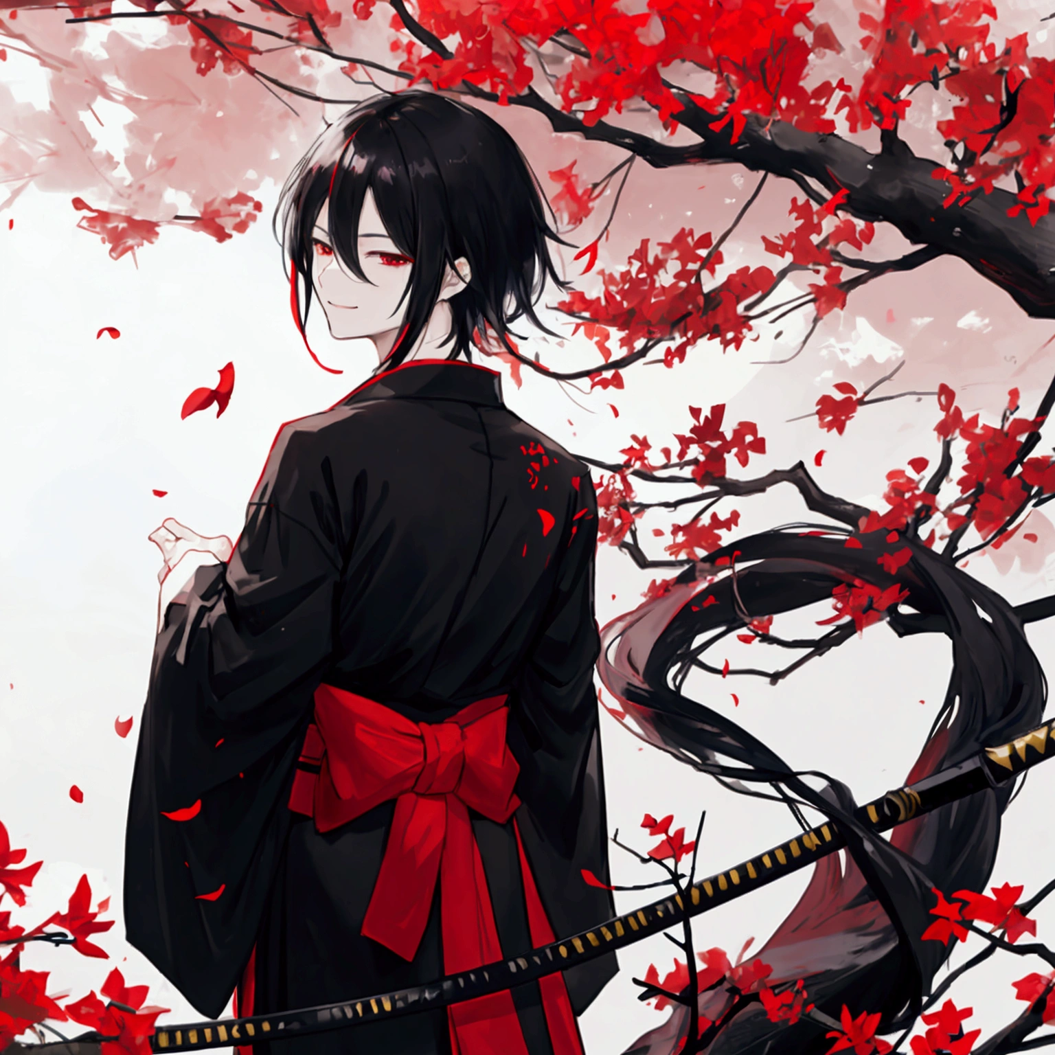 Anime guy, in a black kimono with red strap on the waist, has a katana, black hair, fair skin, picture taken from behind his back, face not visible but smiling, open field with crimson tree in background,