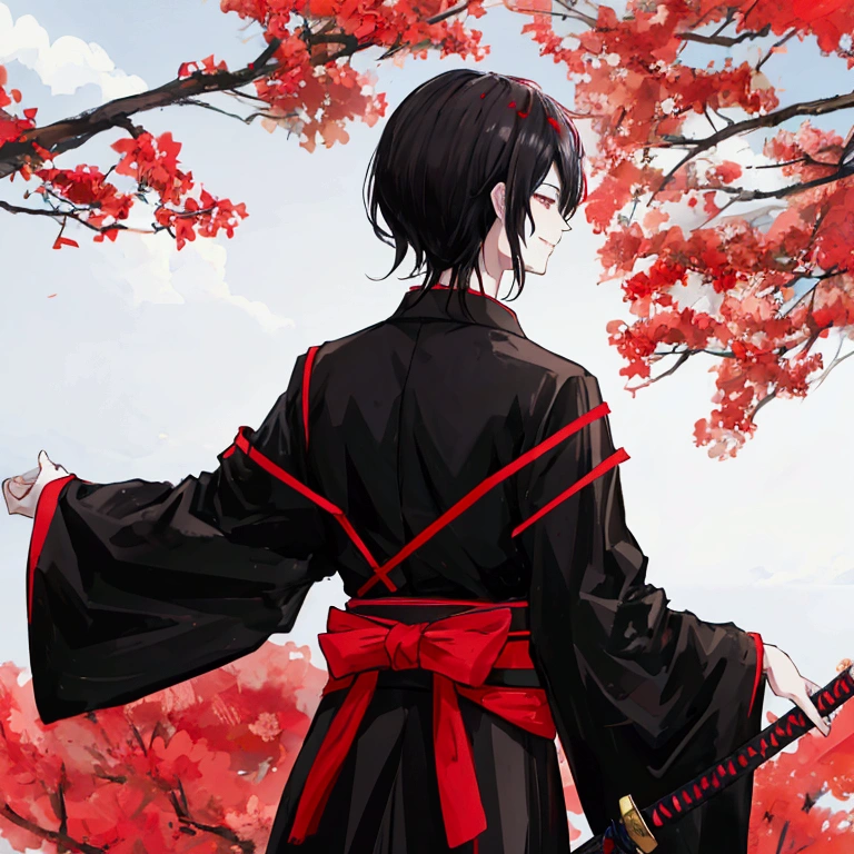 Anime guy, in a black kimono with red strap on the waist, has a katana, black hair, fair skin, picture taken from behind his back, face not visible but smiling, open field with crimson tree in background,