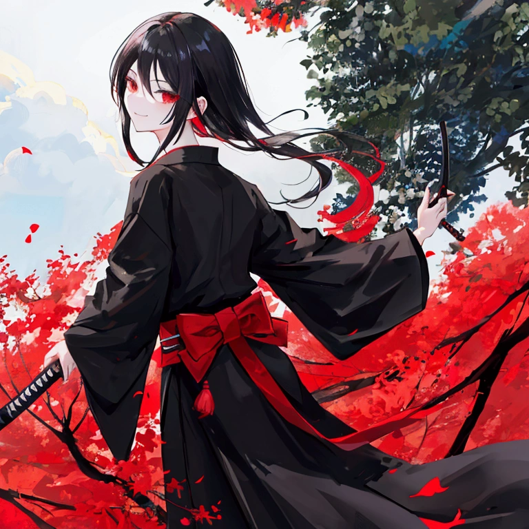 Anime guy, in a black kimono with red strap on the waist, has a katana, black hair, fair skin, picture taken from behind his back, face not visible but smiling, open field with crimson tree in background,