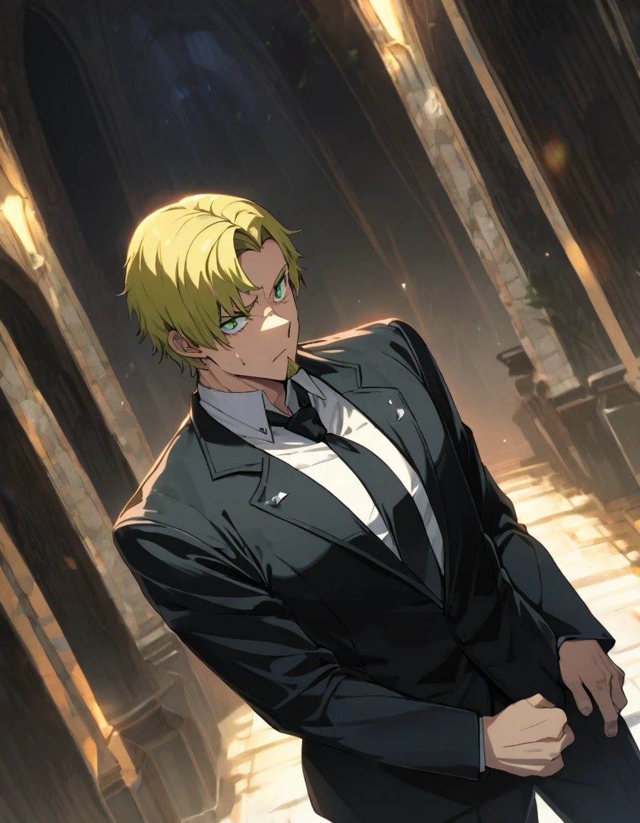 1man, man in black, vigorous mature, crewcut with asymmetrical bangs, goatee, green platina blond hair, emerald eyes, BREAK 40yo, charming caucasian, slightly long chiseled face, deep set, angular jaw, facial wrinkles, crewcut, BREAK ideal ratio body proportions, middle weight muscular, beautiful detailed eyes, dark hero, best eyes, BREAK solo, funeral black suit, black necktie, white shirt, at wall street, detailed background, gloom, cool expression, natural standing, looking away, BREAK upperlegs, dramatic expression, in persona style, masculine comic art, 2010s, retro visual novel, in newest eroge style, dutch angle, cinematic shadows, cinematic lighting, lens flare, light leaks, texture, absurdres absolutely resolution, extreme all detailed, greatest painting, BREAK masterpiece, best quality