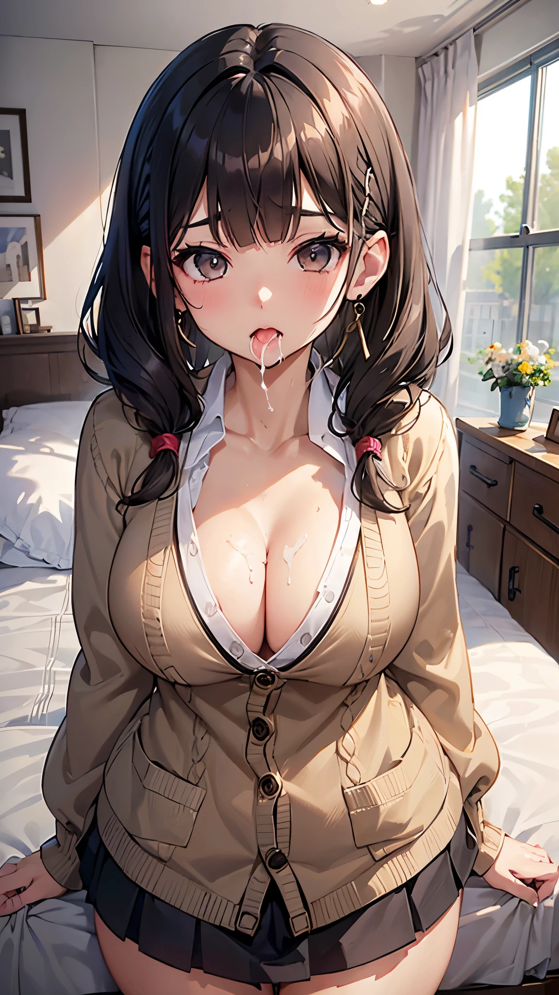 (masterpiece、Highest quality、Very detailed))、One Girl、Black Hair、short hair、Twin tails、Blunt bangs、Wavy Hair、Grey Eyes、((Open your mouth、Drooling from the mouth))、((Cum on tongue))、((Lots of earrings))、((Very large breasts))、((Brown cardigan、White blouse、micro miniskirt))、((Cleavage、Thick waist))、On the bed、Bedroom Background