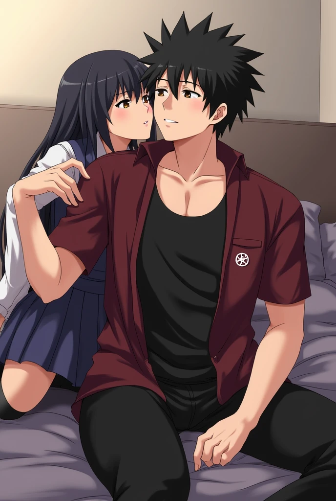 Anime couple in the bedroom, the man wears a black tank top inside, outside is a maroon short-sleeved shirt, unbuttoned all over, there is a gear symbol on the left pocket of the shirt, wearing black pants, the woman wears a school girl uniform, long black hair, making love in the bedroom.