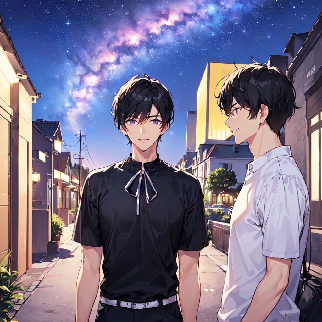 masterpiece,best quality,high quality,(1 male austere handsome solo adult age 30 years old:1.5), purple eyes, cool with suspended eyes, V-shaped eyebrows, body strong and fearless 8.5 head tall, height 185cm, (well-groomed black short hair down to neck:1.4), (bangs 7 thirds parted:1.4), slender nose, facial muscles, throat, (short sleeves and pants in summer fashion:1.3), (walking:1.3), (stylish pose), (cool smile:1.3) , (looking at city from summer hill: 1.3), (Milky Way Night Sky:1.3), (upper body:1.3)