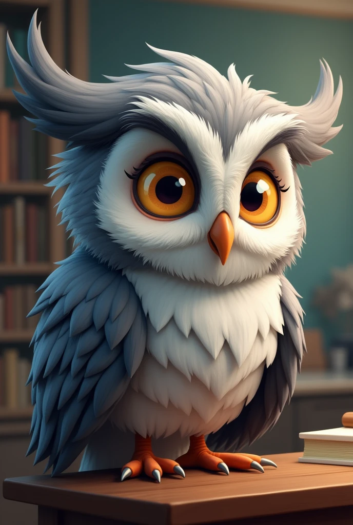 Create a cartoon picture of a gray-haired owl professor smiling