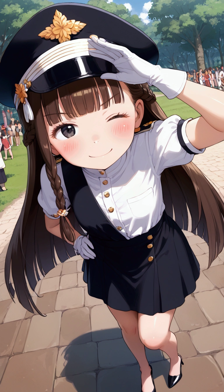 {Highest quality}, {Super beautiful},{Ultra fine},{Best illustration},Brown Hair,Hime cut,long hair,Braid,One woman,Standing Woman,Strike a pose,smile,smug face,Wink,Uniform cap,White Shirt,Short sleeve,long black skirt,White gloves,Summer Festival at Night,Blushing,Slender,Black stiletto heels,barefoot,From above,Put one hand on your hip