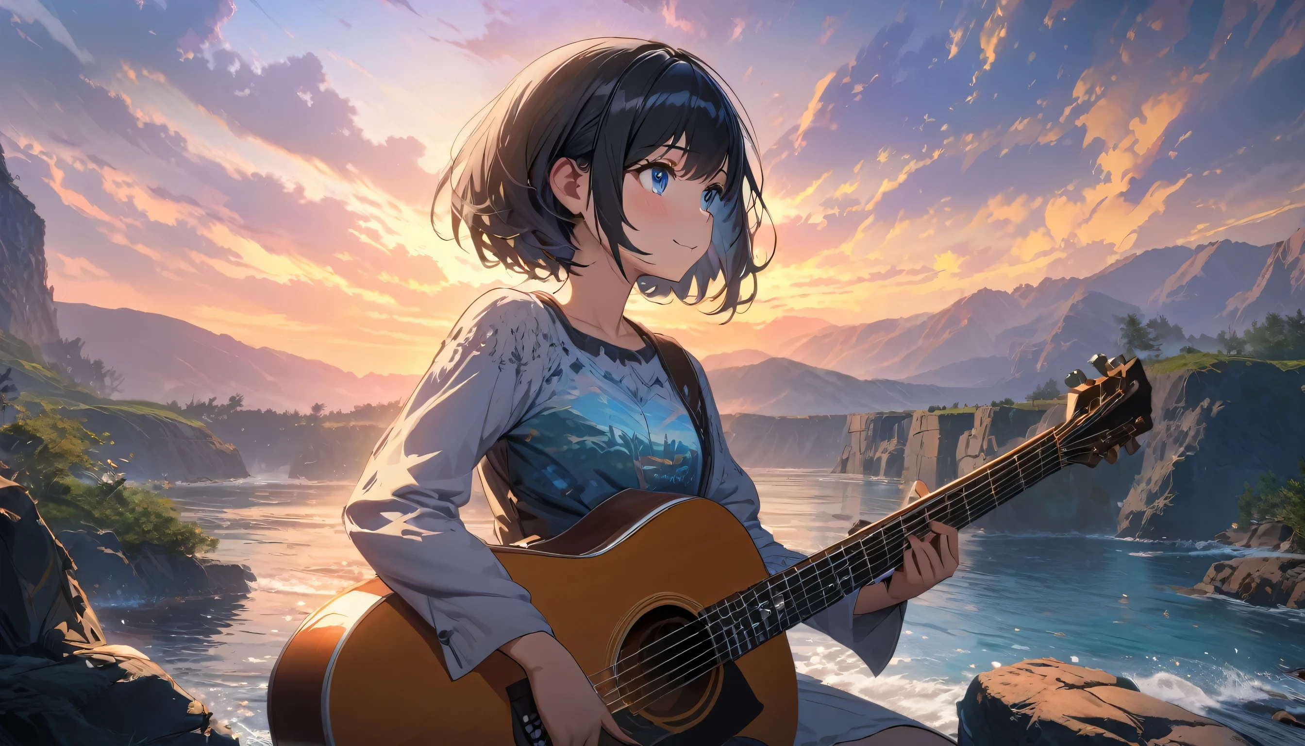 One beautiful girl, alone, She has a sweet smile and a flat chest., short hair, Black Hair, blue eyes, Beautiful depiction,, Seaside Sunset Serenade,Focus on the landscape,Landscape painting,The girl is playing the guitar while looking up at the sky,Masterpiece of a girl playing guitar,Highest quality,High resolution,Extra limbs,Missing limbs,extra digits,Fewer digits,Missing numbers,no fingers,Healed finger,mutated hands and fingers,Quiet night viewに浸る, 4K HDTV digital art, Ultra-detailed digital paintings, Capture every texture and nuance in 4K, Beautiful Art UHD 4K, Showcasing a stunning art style and dreamy digital paintings, Quiet night view, Intuitive Details, Anime art wallpaper to brighten up your space, 1 girl, Music Enthusiast, Highly detailed digital painting, 4K HDTV, Finely crafted and uniform, Sitting on the breakwater, Looking out over the quiet water, Great lighting to complement the scene, 4K Detailed Digital Art, Highly detailed digital painting, Capture every emotion、