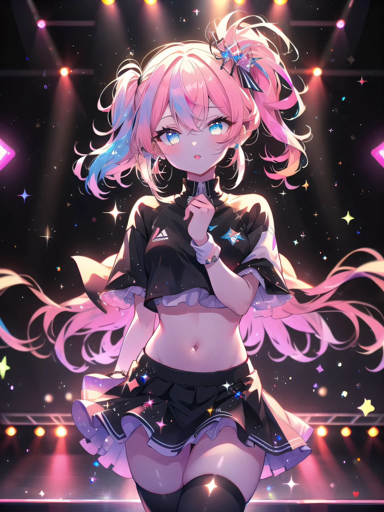 (8K, Highest Quality, Masterpiece:1.3)), Ultra High Resolution, (1 Girl, Solo), (Color Changing Eyes, Very Detailed, Expressive Sparkle, Sparkling Eyes), Highly Detailed Eyes, Highly Detailed Face, Random Hair, (Hair Color, Pastel Colors:1.2), Neon colored crop top, colorful tennis skirt, leggings, leg warmers, Reebok sneakers, large plastic hoop earrings, fluorescent pink lips, side ponytail, Concentrating on dance and song rehearsal, Stage set and rehearsal equipment, Bright stage lighting, Camera angles from part of stage