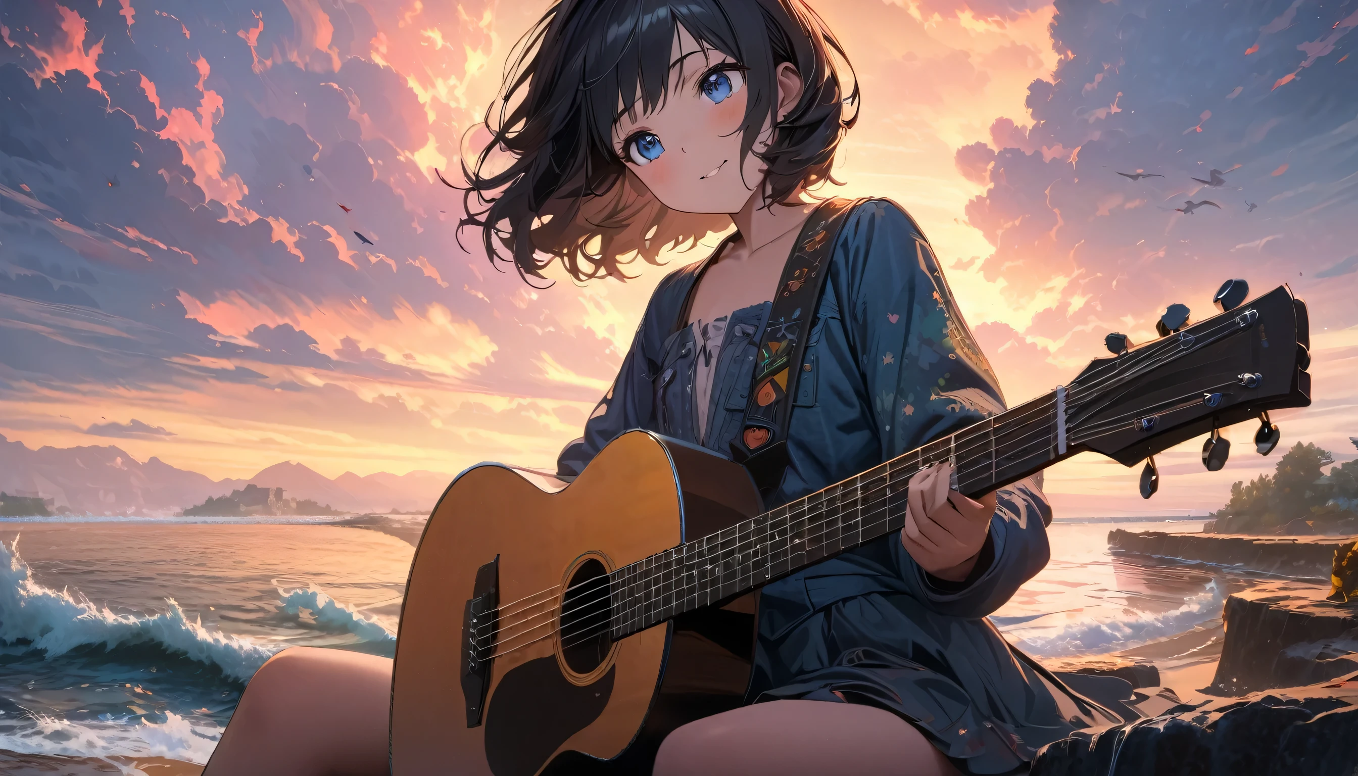 One beautiful girl, alone, She has a sweet smile and a flat chest., short hair, Black Hair, blue eyes, Beautiful depiction,, Seaside Sunset Serenade,Focus on the landscape,Landscape painting,The girl is playing the guitar while looking up at the sky,Masterpiece of a girl playing guitar,Highest quality,High resolution,Extra limbs,Missing limbs,extra digits,Fewer digits,Missing numbers,no fingers,Healed finger,mutated hands and fingers,Quiet night viewに浸る, 4K HDTV digital art, Ultra-detailed digital paintings, Capture every texture and nuance in 4K, Beautiful Art UHD 4K, Showcasing a stunning art style and dreamy digital paintings, Quiet night view, Intuitive Details, Anime art wallpaper to brighten up your space, 1 girl, Music Enthusiast, Highly detailed digital painting, 4K HDTV, Finely crafted and uniform, Sitting on the breakwater, Looking out over the quiet water, Great lighting to complement the scene, 4K Detailed Digital Art, Highly detailed digital painting, Capture every emotion、
