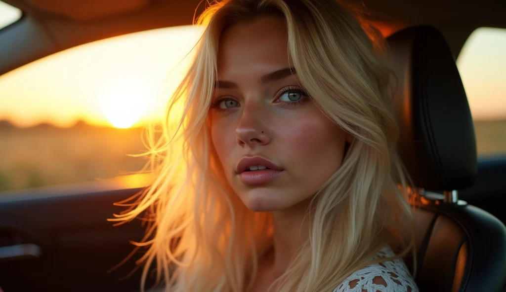 Real professional photography of a beautiful young adult woman, aged 35, with herself as the main subject. She should have fair, almost pale skin, with a slight blush on her cheeks, and bright, piercing blue eyes, which contrast with the golden lighting of the sunset. She is inside a car, her face partially illuminated by the soft, warm light of the sun, which creates dramatic shadows and highlights the textures of her skin. Her lips are pink and slightly glossy, suggesting an expression of mystery and intensity. Platinum blonde hair, long and loose, slightly tousled by the wind. The composition should capture the golden light that surrounds the hair, creating a shimmering effect that highlights the blonde locks, the texture of the skin and the sparkle of the eyes. The background should be slightly out of focus, with shades of blue and gold, creating a harmonious contrast with the light inside the car. The image should convey a sense of movement and dynamism, with a touch of mystery and contemplation. Center the woman in the image, with the composition following the rule of thirds, highlighting her face and eyes. The photograph should capture extreme detail, with high-quality rendering in 8k, maintaining the serene and enigmatic atmosphere. High quality photography, 8k rendering, extreme detail, realistic portraiture, dramatic lighting and warm natural light.