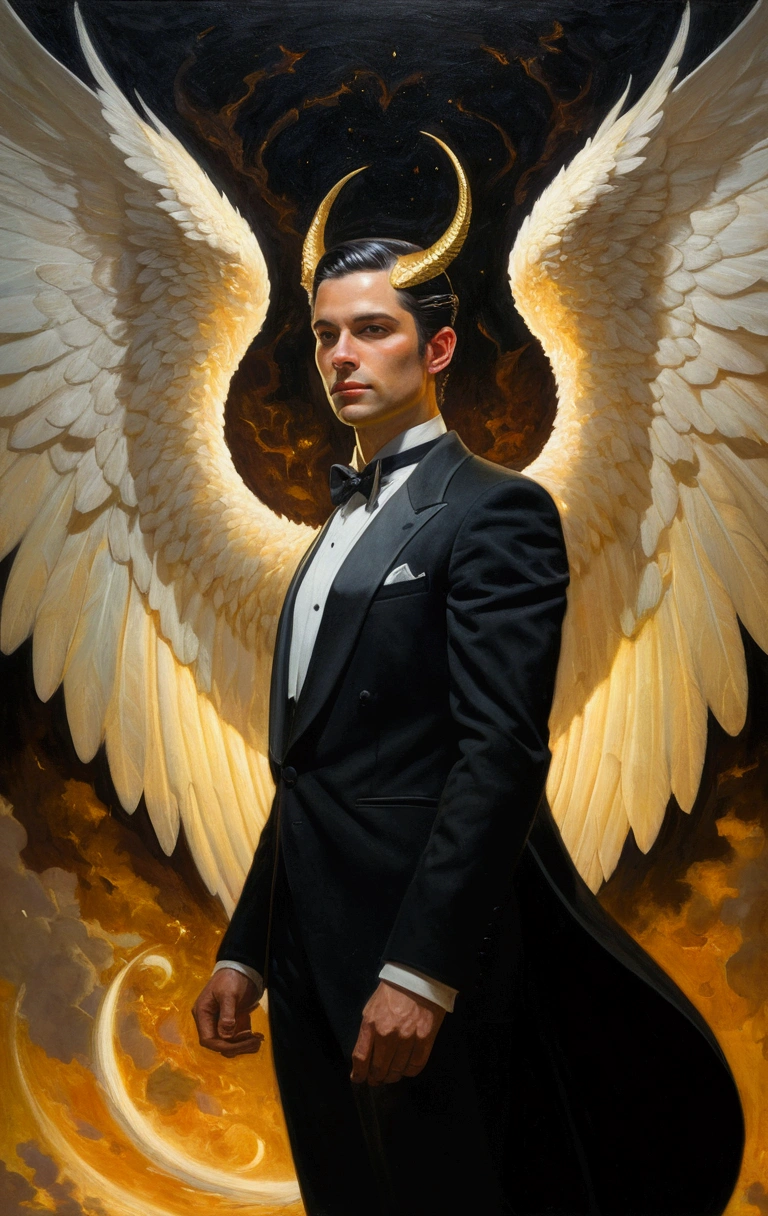 a painting of a man in a tuxedo with wings on his head, by Donato Giancola, style of donato giancola, lucifer, brad kunkle detailed, inspired by Donato Giancola, brad kunkle elson peter, inspired in donato giancola, tom bagshaw donato giancola, oil canvas of lucifer, inspired by Frank Xavier Leyendecker