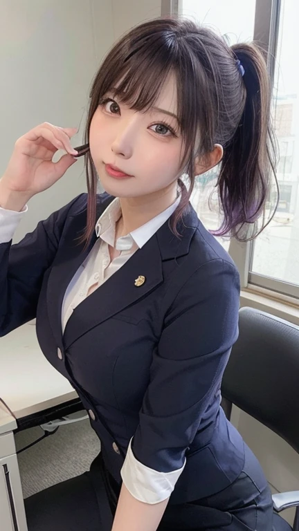 ((highest quality)), ((masterpiece)), ((Perfect Face))、Purple Hair、Side Ponytail、orgasm、blushed、Sweaty all over、Ahegao、office lady、Business jacket、Business Skirt