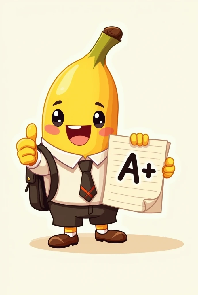 Logo of cute 
 banana in school uniform 
holding a paper write A+ point and make thump up