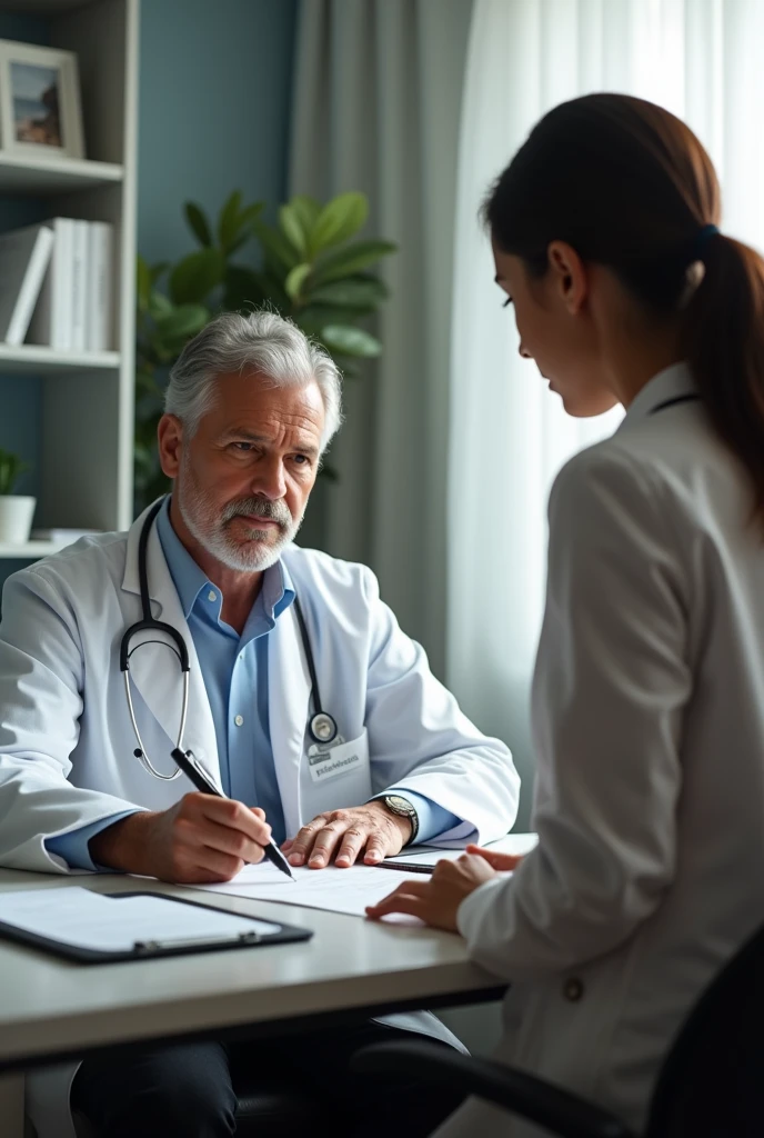 Doctor in the office writing a prescription for a young Latina mother