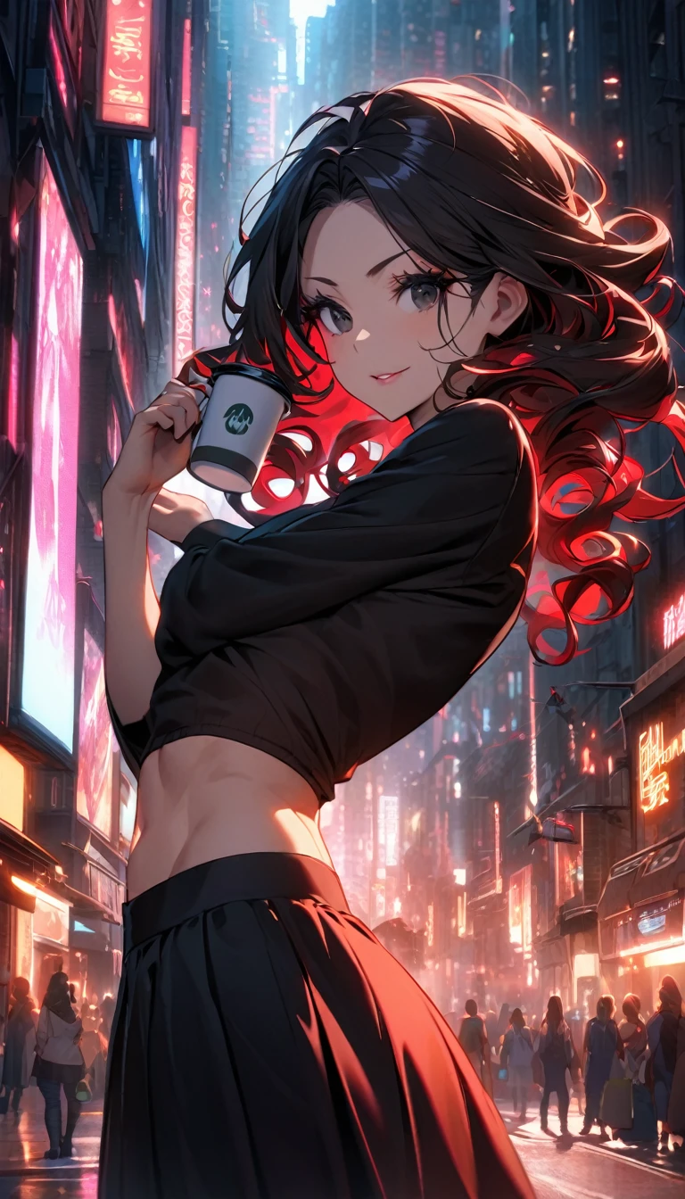 "Create an image of a woman with long, curly black hair interspersed with striking crimson red streaks. Her hair is voluminous and flows down her back in soft, cascading curls, with the black base providing a dramatic backdrop and the crimson streaks creating a vibrant contrast. The red streaks are woven throughout her hair, enhancing the curls and making the color pop with dynamic intensity.
She is standing in a bustling, modern city street, surrounded by towering buildings and neon lights. Her pose is relaxed yet confident, with one hand casually resting in the pocket of her black skirt and the other lightly holding a coffee cup or shopping bag.
Her face is long and oval-shaped, featuring a well-defined jawline and a prominent, graceful chin. Her deep, intense black eyes are framed by long, dark lashes and well-shaped eyebrows, giving her a captivating and engaging look. Her gaze is serene and self-assured, reflecting both confidence and curiosity about the world around her.
Her smile is warm and genuine, with her full lips curving up subtly, conveying ease and friendliness. She is dressed in a black skirt that complements her feminine figure and a dark blue crop top that contrasts elegantly with her hair. Her toned abs are visible, showcasing her fit physique while maintaining a graceful, feminine silhouette. The urban backdrop, with its lively atmosphere and bright lights, enhances the woman's sophisticated yet approachable appearance."
