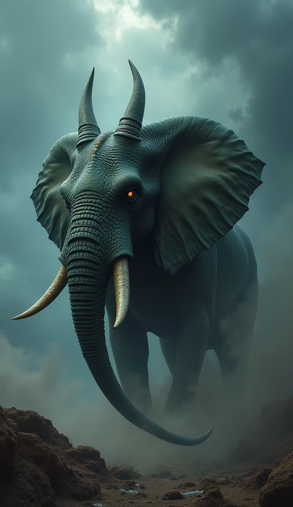 Elephant and dragon hybrid production, background dark sky, flowing dust