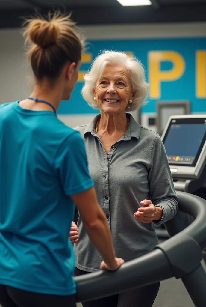 Have an elderly woman and a trainer monitor her walking workout on the treadmill, in the background written FEPI in blue and yellow.