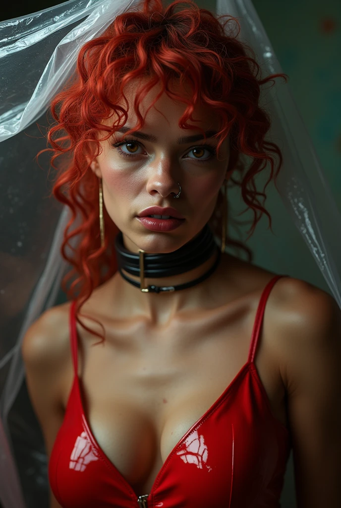 indian woman, young, naked, red very curly mullet, septum piercing, dimples, thick belt around neck, naughty expression, tranparent plastic bag over head, choking, red shiny latex bodysuit, close-up, UHD, retina, masterpiece, accurate, anatomically correct, textured skin, super detail, high details, high quality, award winning, best quality, highres
