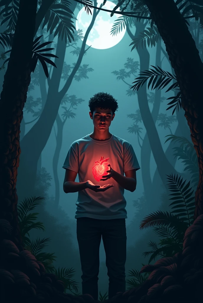 A adult boy take hand him heart and stay in the jungle in night time
