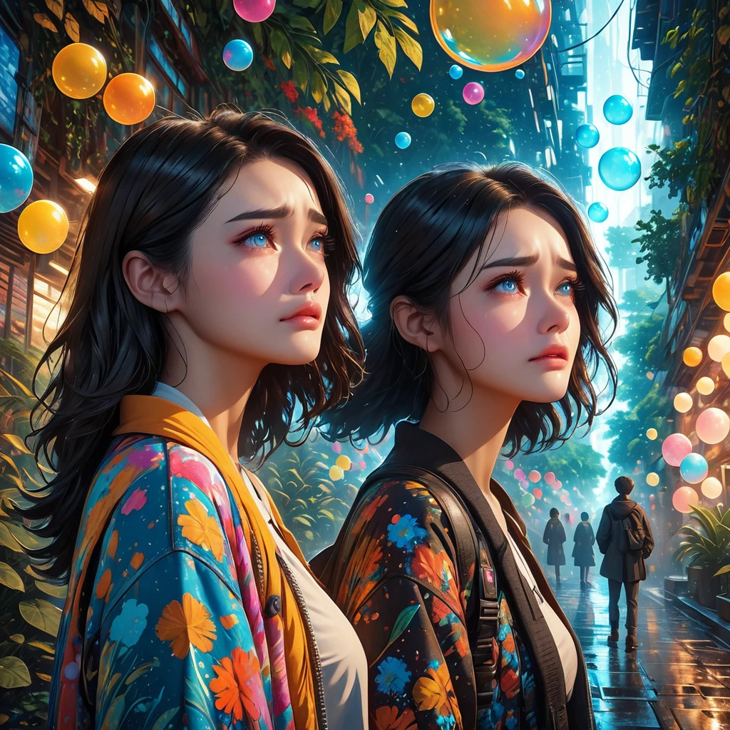 Highest quality, 4k wallpaper, 8k, ultra-high resolution, masterpiece, highly detailed CG, highly detailed eyes, ultra-detailed, complex details, public, 1:1, one 19-20 year old woman (long black hair, slim) and one 19-20 year old man, a lonely woman and man standing back to back in the center, a shy and lonely woman looking up as they stand back to back, neon pop abstract art style, abstract plant art, public, highly detailed flow of bubbles, dynamic art, cinematic lighting