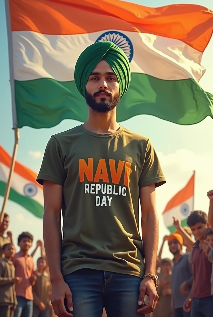 Happy Republic Day is written on big flag of Bharat And a 18-year-old Sikh boy is standing in front of him wearing Army fit T-shirt, with name "Navi" written on t shirt, and holding the Barat flag in his hand, art painting realistic high quality photo