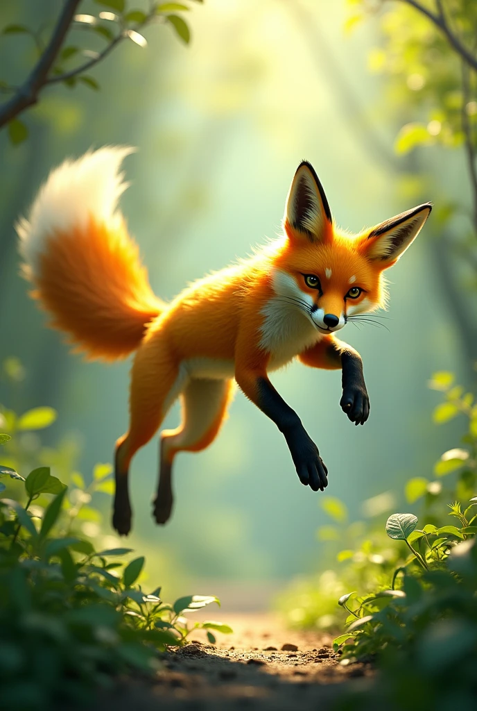 Green and yellow fox jumping