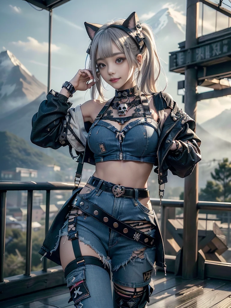 (Beautiful lips and nose:1.4)、(Long eyelashes:1.4)、(Smiling with teeth showing:1.3),(Shibuya Gal:1.5)、(Gothic Lolita delicately decorated dress:1.5)、(Tattered denim and black punk rock cargo pants:1.5)、(Denim and black navy skull mark small jacket:1.4)、(denim garter belt:1.5)、(Black and denim knee socks:1.3)、(Skull Silver Accessories:1.5)、(Denim collar:1.3)、(Brown Skin Belt:1.4)、(Brown boots:1.2)、(The underwear is striped:1.4)、31 years old、((Highest quality、In 8K、masterpiece:1.3))、Sharp focus:1.2、(Layered Cut、Huge boobs:1.1),Beautiful woman with perfect figure:1.4、(Dancing vigorously:1.3)、Slender Abs:1.2、Highly detailed face and skin texture、Detailed eyes、double eyelid,(Twin tails:1.3)、(Cream colored hair:1.3)、Gravure idol、(The background is a vast mountain with a clear view々Beautiful luxury resort destination in Europe:1.3)、(Slim Body:1.2),(Make your legs thinner:1.4),(clavicle:1.1)