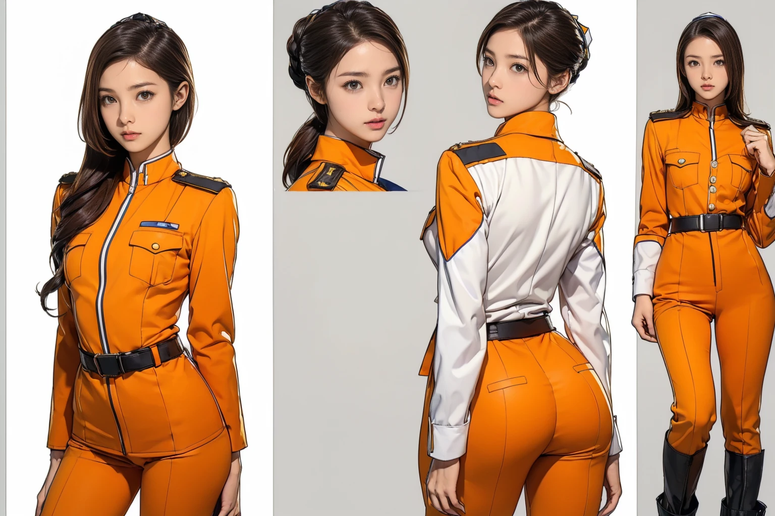 ((masterpiece)),(((Highest quality))),((Reference Sheet, Character Design, front, return, ~ ~ ~ side, Mr...々Hairstyle, Mr...々performance, Facial Expressions)), 14-year-old girl, Cute type, (Very slim:1.4), (Very small ass:1.4), Realistic buttocks, Big Breasts, Short Bob, Thin thighs, Long legs, It's not a big deal,(A female Earth Federation officer is walking), (Wearing Earth Federation military uniform, White and orange uniform),(Worn by federal government employees'White Hat:1.5)